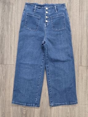 Y2K Boho High Rise Button Front Wide Leg Crop Jeans Women’s Size 10 Patch Pocket
